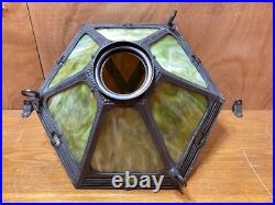 Antique 6 Panel Green Slag Glass Parlor Lamp #4324