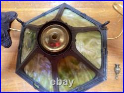 Antique 6 Panel Green Slag Glass Parlor Lamp #4324