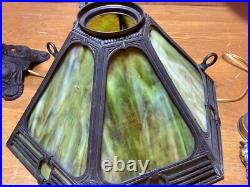 Antique 6 Panel Green Slag Glass Parlor Lamp #4324