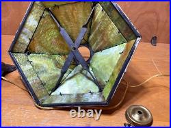 Antique 6 Panel Green Slag Glass Parlor Lamp #4324