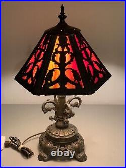 Antique 6 Panel Multi Colored Gothic Slag Glass Lamp