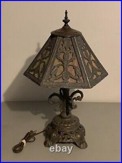 Antique 6 Panel Multi Colored Gothic Slag Glass Lamp