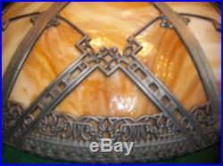 Antique 6 Panel Slag Glass Lamp Shade Fancy Metal Filigree