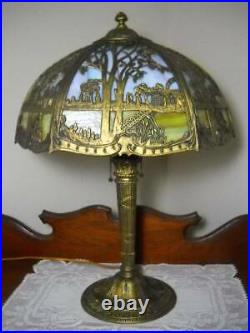 Antique 6 Panel Slag Glass Lamp with Scenic Overlay Gorgeous Colors 22 1/2 Tall