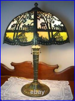 Antique 6 Panel Slag Glass Lamp with Scenic Overlay Gorgeous Colors 22 1/2 Tall