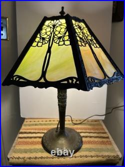 Antique 6 Panel Slag Glass Table Lamp