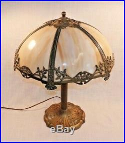 Antique 6 Panel Slag Glass Table Lamp H 19.5Shade Diam 15.5 Metal Overlay 1920