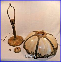 Antique 6 Panel Slag Glass Table Lamp H 19.5Shade Diam 15.5 Metal Overlay 1920