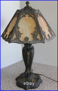 Antique 6 Panel Slag Stained Glass Table Lamp 22