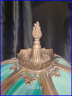 Antique 6 Panel Teal Slag Glass Table Lamp 27in Broken Panel Repairable