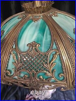 Antique 6 Panel Teal Slag Glass Table Lamp 27in Broken Panel Repairable