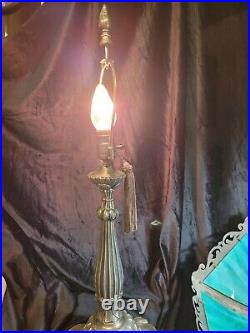 Antique 6 Panel Teal Slag Glass Table Lamp 27in Broken Panel Repairable