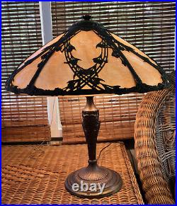 Antique 6-panel Slag Amber Glass Lamp 1685 Stamp Art Nouveau H 21 D 19 1/4