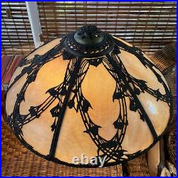 Antique 6-panel Slag Amber Glass Lamp 1685 Stamp Art Nouveau H 21 D 19 1/4