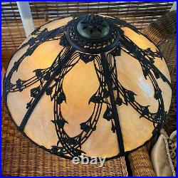 Antique 6-panel Slag Amber Glass Lamp 1685 Stamp Art Nouveau H 21 D 19 1/4