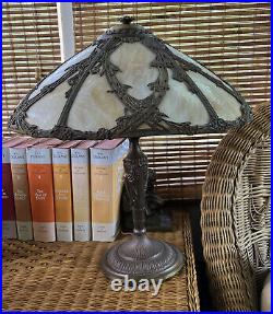 Antique 6-panel Slag Amber Glass Lamp 1685 Stamp Art Nouveau H 21 D 19 1/4