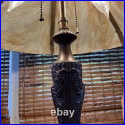 Antique 6-panel Slag Amber Glass Lamp 1685 Stamp Art Nouveau H 21 D 19 1/4
