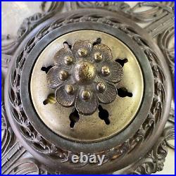 Antique 6-panel Slag Amber Glass Lamp 1685 Stamp Art Nouveau H 21 D 19 1/4