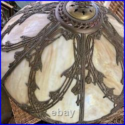 Antique 6-panel Slag Amber Glass Lamp 1685 Stamp Art Nouveau H 21 D 19 1/4
