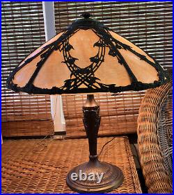 Antique 6-panel Slag Amber Glass Lamp 1685 Stamp Art Nouveau H 21 D 19 1/4