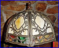 Antique 8 Panel Bent Slag Glass Lamp Caramel Multi Colored Trim Marked TNMEP CO