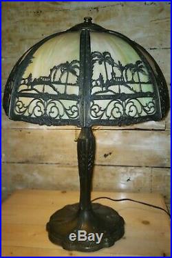 Antique 8 Panel Bent Slag Glass Palm Trees Design Electric Table Lamp -works