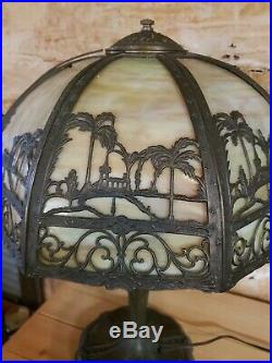 Antique 8 Panel Bent Slag Glass Palm Trees Design Electric Table Lamp -works