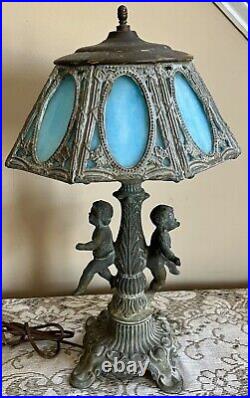 Antique 8 Panel Blue Slag Stained Glass Table Lamp Male & Female Cherubs Ornate