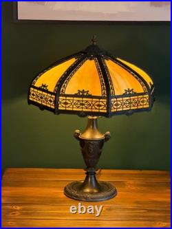 Antique 8 Panel Caramel Slag Glass Table Lamp Figural Ram Head Base Arts Crafts