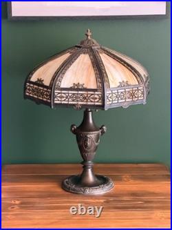 Antique 8 Panel Caramel Slag Glass Table Lamp Figural Ram Head Base Arts Crafts