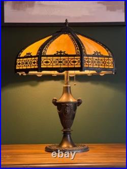 Antique 8 Panel Caramel Slag Glass Table Lamp Figural Ram Head Base Arts Crafts