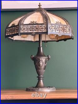 Antique 8 Panel Caramel Slag Glass Table Lamp Figural Ram Head Base Arts Crafts