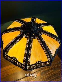 Antique 8 Panel Caramel Slag Glass Table Lamp Figural Ram Head Base Arts Crafts