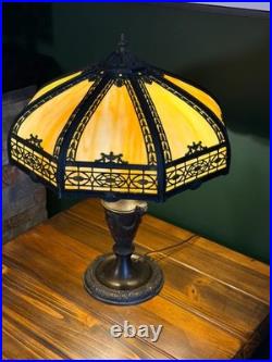 Antique 8 Panel Caramel Slag Glass Table Lamp Figural Ram Head Base Arts Crafts
