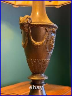 Antique 8 Panel Caramel Slag Glass Table Lamp Figural Ram Head Base Arts Crafts