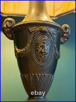 Antique 8 Panel Caramel Slag Glass Table Lamp Figural Ram Head Base Arts Crafts