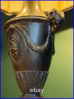Antique 8 Panel Caramel Slag Glass Table Lamp Figural Ram Head Base Arts Crafts