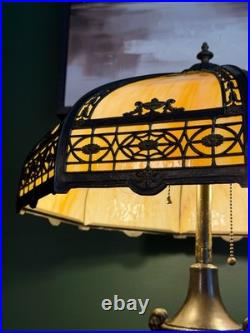 Antique 8 Panel Caramel Slag Glass Table Lamp Figural Ram Head Base Arts Crafts