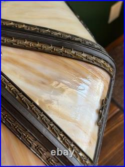 Antique 8 Panel Caramel Slag Glass Table Lamp Figural Ram Head Base Arts Crafts