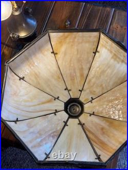 Antique 8 Panel Caramel Slag Glass Table Lamp Figural Ram Head Base Arts Crafts
