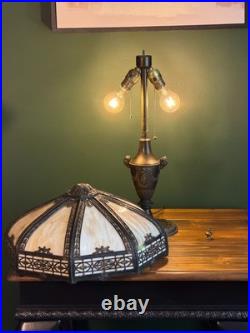 Antique 8 Panel Caramel Slag Glass Table Lamp Figural Ram Head Base Arts Crafts