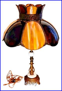 Antique 8 Panel Curved Bent Caramel Slag Glass Table Lamp with Brass & Marble Base