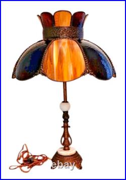 Antique 8 Panel Curved Bent Caramel Slag Glass Table Lamp with Brass & Marble Base