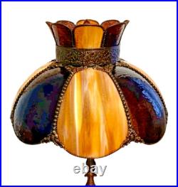 Antique 8 Panel Curved Bent Caramel Slag Glass Table Lamp with Brass & Marble Base