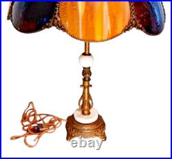 Antique 8 Panel Curved Bent Caramel Slag Glass Table Lamp with Brass & Marble Base