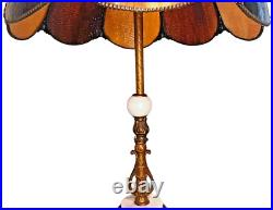 Antique 8 Panel Curved Bent Caramel Slag Glass Table Lamp with Brass & Marble Base