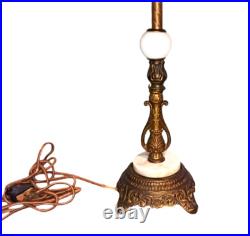 Antique 8 Panel Curved Bent Caramel Slag Glass Table Lamp with Brass & Marble Base