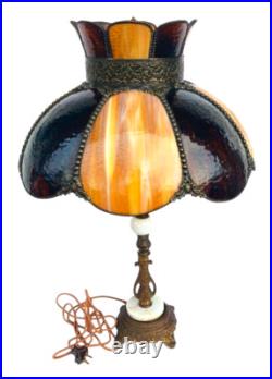 Antique 8 Panel Curved Bent Caramel Slag Glass Table Lamp with Brass & Marble Base