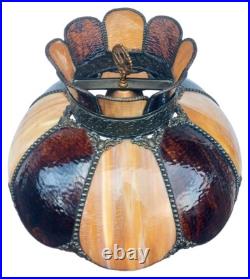 Antique 8 Panel Curved Bent Caramel Slag Glass Table Lamp with Brass & Marble Base