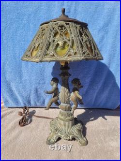 Antique 8 Panel Green Slag Stained Glass Table Lamp Male & Female Cherubs Ornate